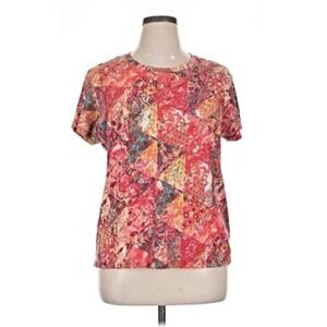Peruvian Connection Red Floral Patchwork Cotton Short Sleeve Tee Shirt Medium